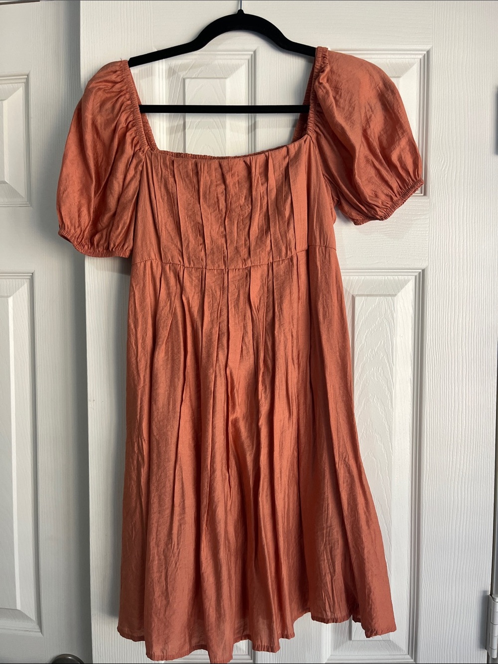 Blu Pepper Rust Orange Square-Neck Midi Dress with Puff Sleeves